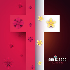 Christian cross with flowers in minimal trendy geometric paper cut style. Creative modern religious concept. Colorful vector illustration. Background for greeting card, banner, cover.