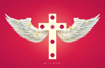 Christian cross with wings and flowers in minimal trendy geometric paper cut style. Creative modern religious concept. Colorful vector illustration. Background for greeting card, banner, cover.