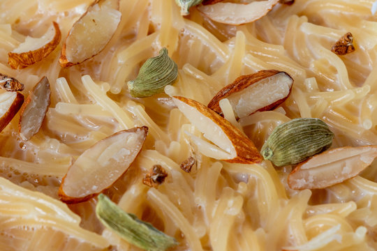 Vermicelli dessert, popular sweet dish know a kheer made with milk and garnish with dry fruits.  Close-up. Top view.