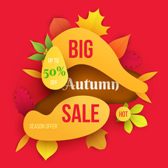 Autumn sale banner with leaves in paper cut cartoon style. Design composition for promotion or season advertising. Vector illustration.