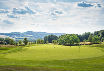 Fototapeta na wymiar The green golf course in sunlight, Germany.