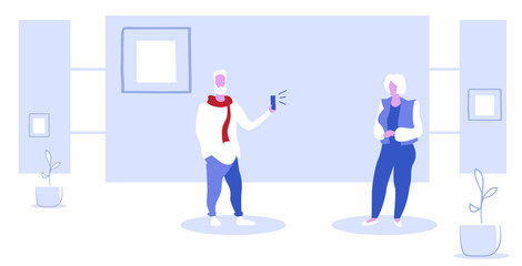 senior man using smartphone camera taking photo of aged mature woman model shoot concept sketch horizontal full length