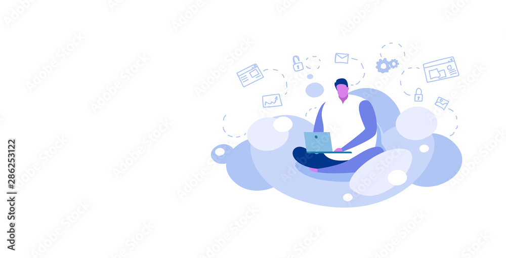 Poster man sitting lotus pose using laptop guy downloading content from cloud server online data synchronization computing technology network concept sketch full length horizontal
