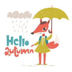 Hello Autumn poster with fox with an umbrella