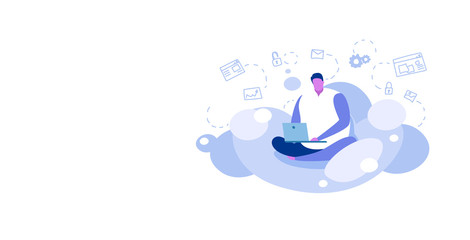 man sitting lotus pose using laptop guy downloading content from cloud server online data synchronization computing technology network concept sketch full length horizontal