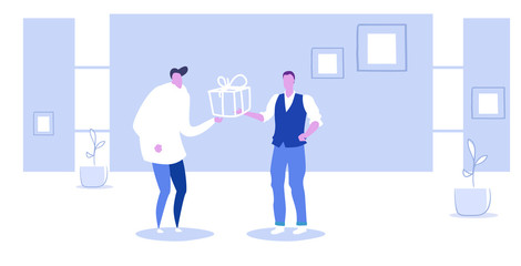 Businessman receiving wrapped gift box from male