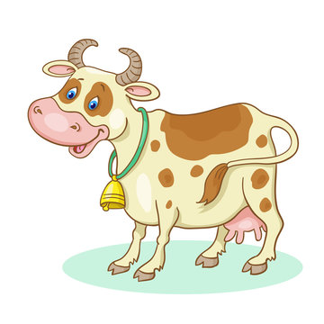 Funny smiling cow stands isolated on a white background. In cartoon style.