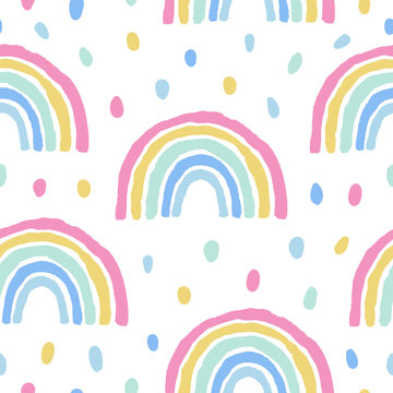 Rainbows And Dots Cute Seamless Pattern On White Background