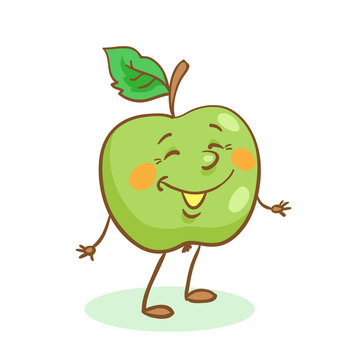 Funny smiling apple stands isolated on a white background. In cartoon style.