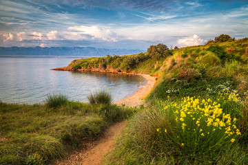 Sea landscape with mountains on background at sunset, Vir island in Croatia, Europe.