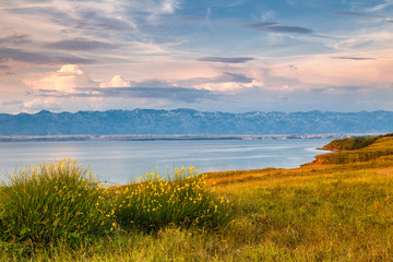 Sea landscape with mountains on background at sunset, Vir island in Croatia, Europe.