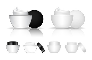 Transparent cream jar, cosmetic bottle, beauty product package. Vector illustration.