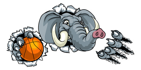 An elephant basketball sports animal mascot holding a ball and breaking through the background