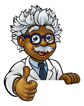 A cartoon scientist professor wearing lab white coat peeking above sign and giving a thumbs up