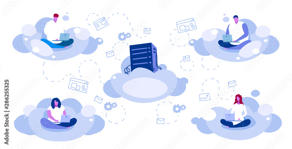 Poster people sitting lotus pose using laptop users downloading content from data center cloud hosting serv