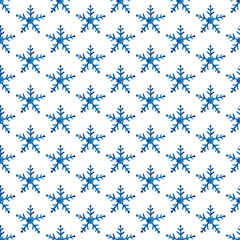 Watercolor winter seamless pattern with snowflakes, hand painted artistic blue texture on white background. Watercolor hand drawn snowflake background. For fabric, print, textile, packaging.