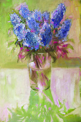 Blue flowers in glass vase in counter light. Original artwork, oil painting