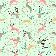 Naklejka premium Christmas deer with blue-green horns gallops. Wild forest animals. Scandinavian style. Baby design. Seamless pattern.