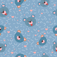 Blue faces of cute bears with jam. Wild forest animals. Children's design. Seamless pattern.  illustration.