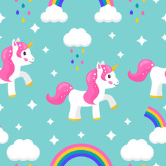 Vector unicorn childish seamless pattern. Cartoon kawaii pony, rainbow, cloud and stars. Illustration for nursery. Colorful rain.