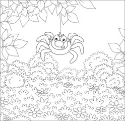 Funny and friendly smiling spider hanging on a tree branch over grass of a glade in a summer forest, black and white vector illustration in a cartoon style for a coloring book