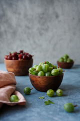 Variety of organic fresh gooseberries in bowl on the table. Close up view