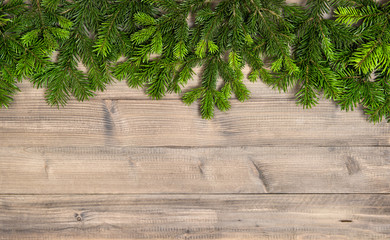 Christmas tree branches wooden texture background
