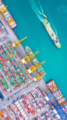 Top view of Deep water port with cargo ship and containers. It is an import and export cargo port...
