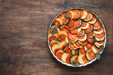 Baked Ratatouille. Traditional French Vegetable Dishes. Copy space, top view