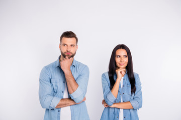 Portrait of his he her she nice pretty attractive lovely charming cute minded persons creating present surprise gift idea isolated over light white pastel background
