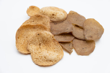 Traditional Thai snack, Rice cracker mix fish meat and raw on white background