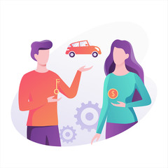 Woman buy or rent car, salesman with a key. Vehicle buyer