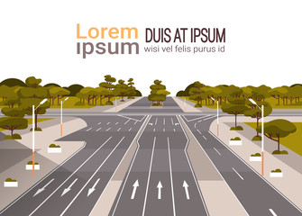 empty highway asphalt with road marking arrows traffic signs roadway with crossroad landscape background flat horizontal copy space