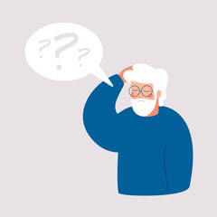 Older man has Alzheimer’s disease and a question above him in the speech bubble. Loss of short-term memory, difficulty concentrating, problems planning and pondering things are symptoms of dementia.