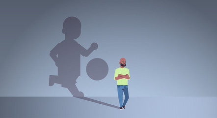 african american man dreaming about playing football shadow of player with ball imagination aspiration concept male cartoon character standing pose full length flat horizontal