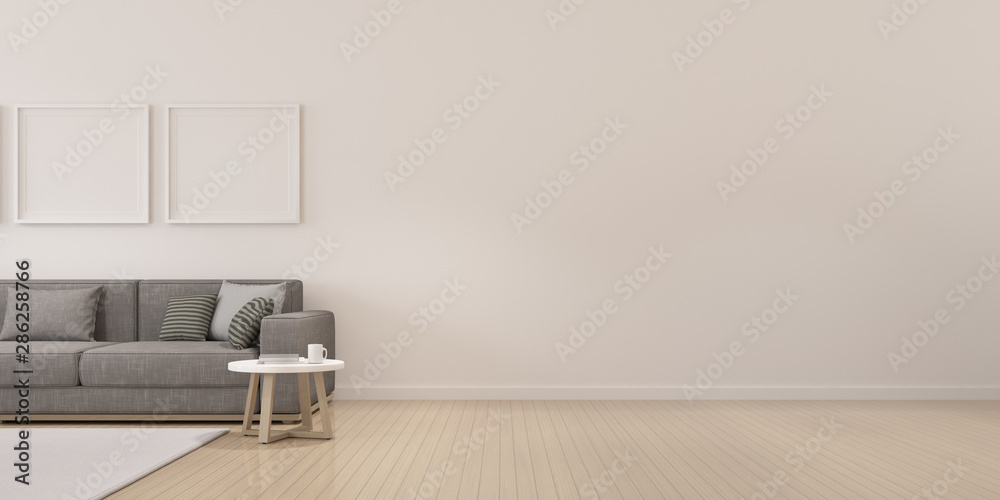 Poster perspective of modern luxury living room with grey sofa and white blank picture frame, minimal, arch