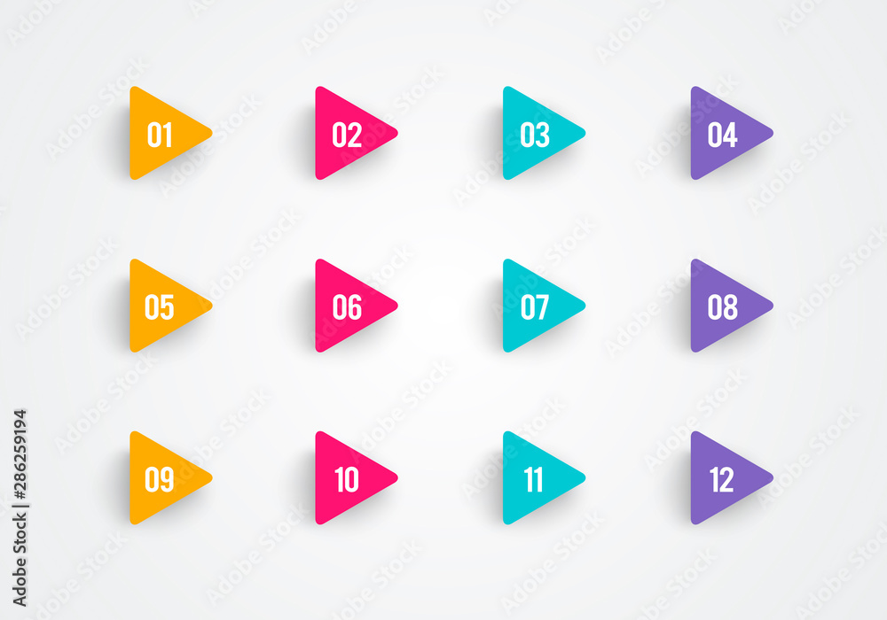 Poster super set arrow bullet point triangle flags on white background with colorful gradient. markers with