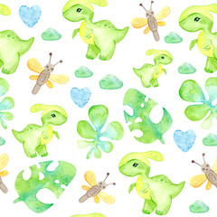 Hand painted dinosaurs isolated on white background. Predator animal of the prehistoric period. Cartoon cute friendly dinosaur. Seamless pattern