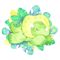 Hand painted dinosaurs isolated on white background. Predator animal of the prehistoric period. Cartoon cute friendly dinosaur. Template with reptile on tropical leaves and flowers.