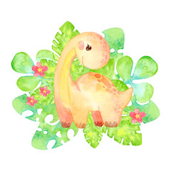 Hand painted dinosaurs isolated on white background. Predator animal of the prehistoric period. Cartoon cute friendly dinosaur. Template with reptile on tropical leaves and flowers.
