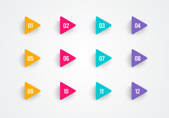 Super set arrow bullet point triangle flags on white background with colorful gradient. Markers with number 1 to 12. Modern vector illustration.