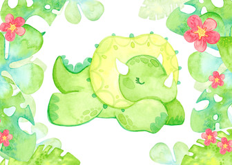 Hand painted dinosaurs isolated on white background. Predator animal of the prehistoric period. Cartoon cute friendly dinosaur. Frame with tropical leaves and flowers.