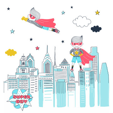 Super Boy Vector Cartoon Banner Template. Brave Little Children In Mask And Cloaks Comic Book Characters. Childhood Fantasy, Imagination. Super Kids Protecting City Illustration With Lettering