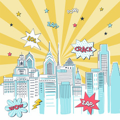 Superhero comic book city vector illustration. Vintage super hero action cartoon banner concept. Cityscape with fight bubbles, sound effects lettering. Skyscrapers on colorful radial background © AngellozOlga