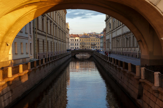 View of the winter canal at sunset. Saint Petersburg, Russia.