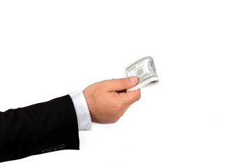 Businessman hand with money, United stage dollar bill; clipping path - isolated on white