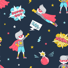 Superhero children cartoon vector seamless pattern. Comic book action texture. Kids in hero costumes, fight bubbles and bombs decorative background. Childish wallpaper, wrapping paper design
