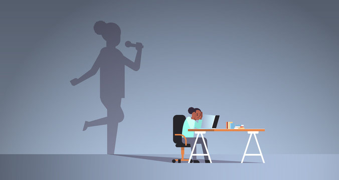 African American Woman Sitting At Workplace Using Laptop Shadow Of Singer Holding Microphone And Singing Imagination Aspiration Concept Female Cartoon Character Flat Horizontal Full Length