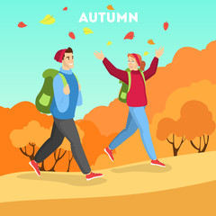 Autumn season, people in warm clothes walking