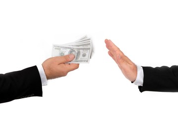 Businessman refuses to take the bribe. Concept of the fight against corruption - isolated on white